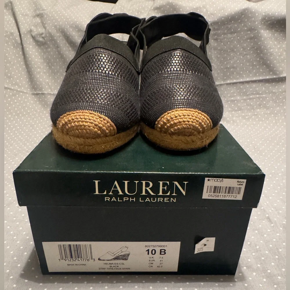 Lauren Ralph Lauren Helma Black Espadrille Wedges 10B NWOT Woven Slingback
